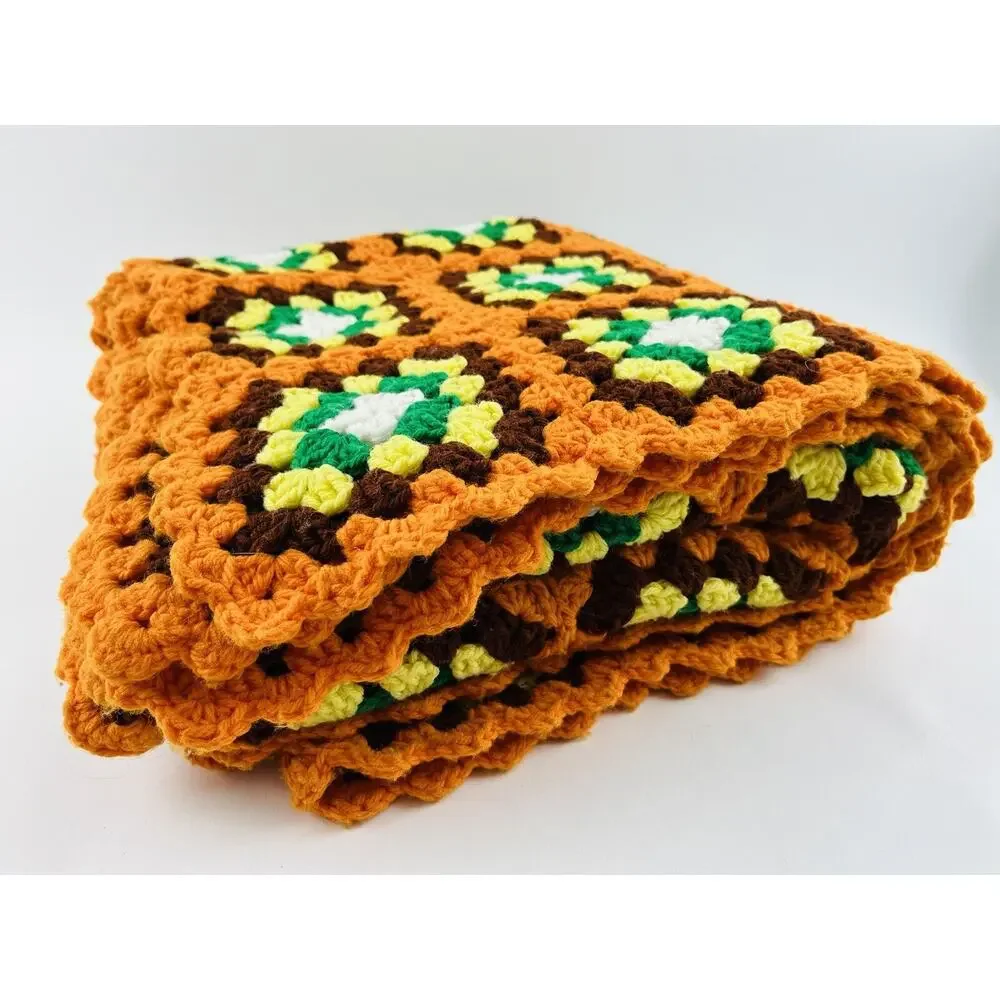 Vintage Crochet Granny Square Afghan Blanket Green Orange Brown Retro 70s Hippie